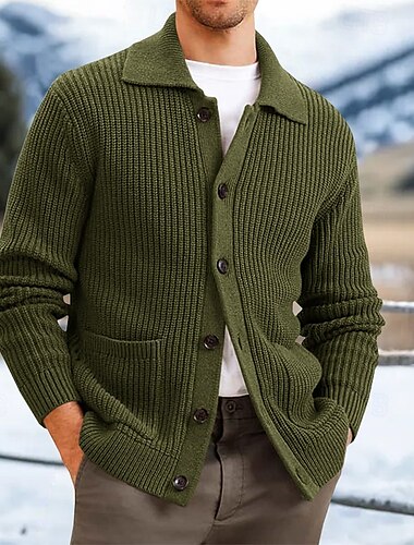  Herren Strickjacke Strickpullover Gerippt Stricken Standard Knopf hoch Seitentaschen Feste Farbe Kragen Modisch Klassisch Freizeitskleidung Verabredung Bekleidung Frühling Herbst Winter Schwarz Braun