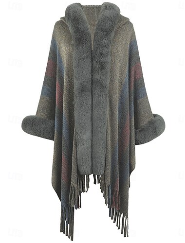  Damen Umhang / Umhänge Outdoor Strasse Freizeitskleidung Herbst Winter Standard Mantel Regular Fit warm Atmungsaktiv Stilvoll Brautkleider schlicht Jacken Langarm Streifen Kunstpelzbesatz Khaki