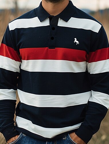  Homme Rayé Polos de Rugby manche longue Polos Col Vêtement décontracté de travaile Formel Extérieur Rue Tenue Quotidienne Boutons Impression 3D Printemps Automne Hiver Rouge Bleu Violet