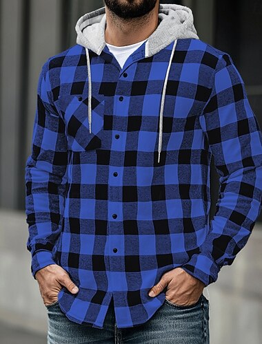  Herr Casual skjorta Flanellskjorta Tjock skjorta Flanelljacka Rutig Sport & Utomhus Gata Svart Rubinrött Blå Purpur Långärmad Huva Vinter Vår & Höst Kläder Checkmönstrat