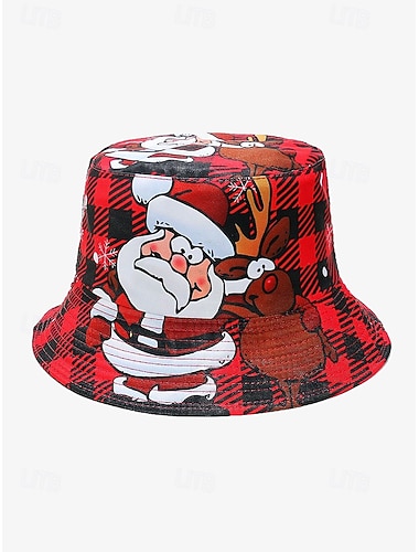 cappello da pescatore natalizio reversibile - design di Babbo Natale e renne, tema festivo a quadri rossi, cappello unisex per feste invernali e di fine anno   cappello da pescatore natalizio reversibile - design di Babbo Natale e renne, tema festivo a quadri rossi, cappello unisex per feste invernali e di fine anno