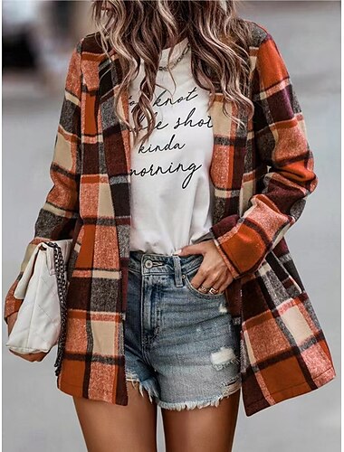  Damen Freizeitjacke Outdoor Strasse Freizeitskleidung Herbst Winter Standard Mantel Regular Fit warm Atmungsaktiv Stilvoll Brautkleider schlicht Jacken Langarm Streifen und Plaid Mit Taschen Bedruckt