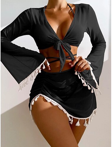  Damen Badeanzug Bikinis Cheeky-Bikinihose Bademode Rückenfrei Schlank Randbereich Urlaub Strandbekleidung Feste Farbe Halfterhals Langarm Badeanzüge