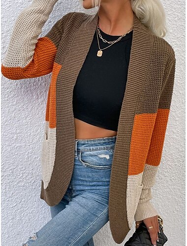  Dames Trui Vest Casual Zacht Kleurenblok Geribd Open voorzijde Zak Gebreid Lange mouw Normale tops breien Buiten Dagelijks Weekend blauw Khaki Herfst Winter