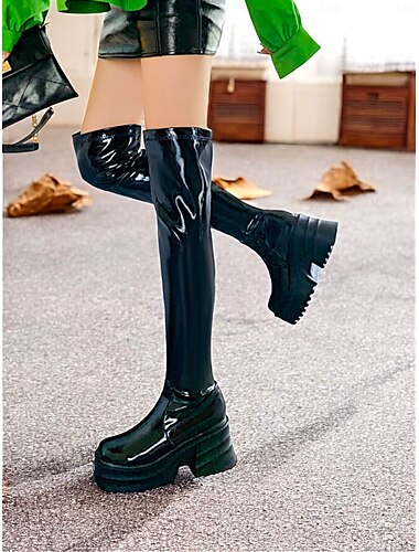  Rote Gogo-Stiefel aus Lackleder für Damen mit Plateausohle – oberschenkelhoher Blockabsatz mit Reißverschluss, retro-futuristischer Stil für Partys, Clubbing und Kostüme