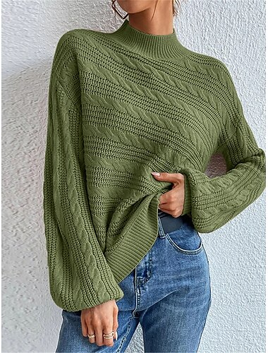  Women's Sweater Pullover Sweater Jumper Casual Soft Pure Color Cable Turtleneck Knitted Long Sleeve Regular Tops Knit Outdoor Daily Weekend Black Green Fall Winter