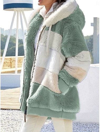  Damen Fleecejacke Teddy-Mantel Hoodie Jacke warm halten Atmungsaktiv Zip Tasche Innenfutter aus Fleece Brautkleider schlicht Streifen Urlaub Strasse Freizeitskleidung Ausgehen Reisverschluss Standard