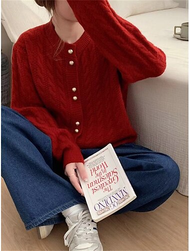  Dame Bluse Cardigan Afslappet Blødt Ren farve Kabel Rund hals Knapper Strikket Langærmet Almindelige toppe Strikke udendørs Daglig Weekend Hvid Lyserød Efterår Vinter