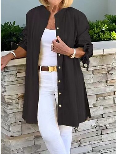  Damen Hemd Bluse Feste Farbe Basic Brautkleider schlicht Langarm Rollkragen Lange Oberteile Täglich Knopf Schwarz Gelb Blau Herbst Winter