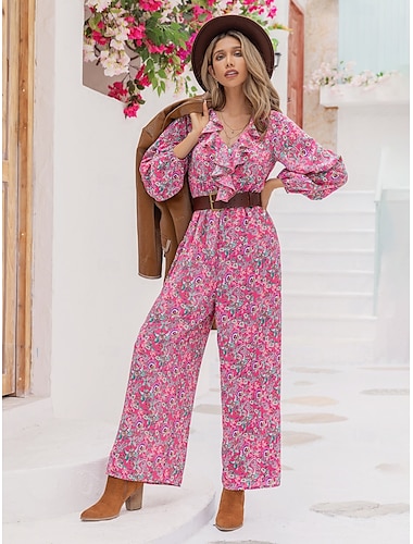  Dam Vanligt Jumpsuits Boho Blommig Långärmad Puffärmad Rak V-hals Mönster Helgdag Helgen Lös passning Rodnande Rosa Alla årstider