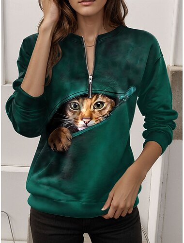  Damen Viertelreißverschluss Pullover Katze Straßen Alltagsdruck Lässig Crew Neck Langarm Mikroelastisch Herbst Winter Komfort Atmungsaktives Weiches Material