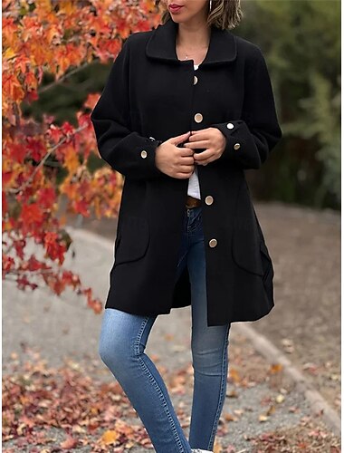  Damen Mantel Outdoor Strasse Freizeitskleidung Herbst Winter Standard Mantel Regular Fit warm Atmungsaktiv Stilvoll Brautkleider schlicht Jacken Langarm Glatt Mit Taschen Schwarz Aprikose Kaffee
