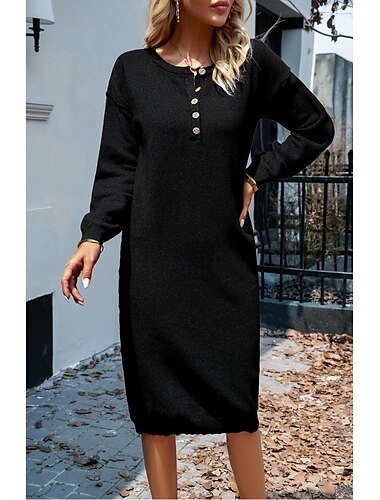  robe de travail pour femme robe noire élégante robe longue quotidienne robe maxi boutonnée col ras du cou manches longues uni coupe ample noir blanc printemps automne s m l xl