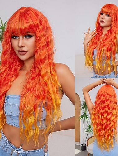  26 palcová syntetická paruka dámská paruka oranžové dlouhé vlnité vlasy módní denní párty cosplay