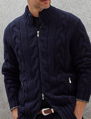  Herren Strickjacke Strickpullover Gedrehtes Stricken Standard Full Zip Feste Farbe Kragen Modisch Klassisch Freizeitskleidung Verabredung Bekleidung Herbst Winter Dunkelmarine M L XL