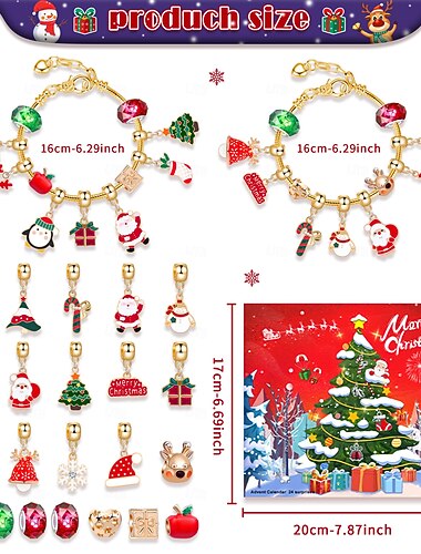  Jule Adventskalender Fyllstoffer Julegave Jenter Kvinner Barn 24 Dager Armbånd Jule Nedtellingskalender DIY Smykkelagesett Gave 22 Charm Perler 2 Armbånd