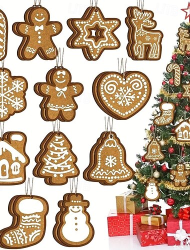  24 st juldekorationer i trä, julgranshängdekoration - rustik hängande dekor i pepparkakor, stjärnor, hjärtan, klockor, snögubbar, strumpor, älg och pepparmintsgodisrör