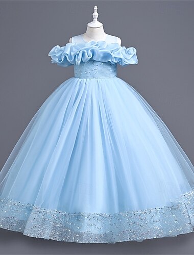  Kids Girls' Flower Girl Dress Party Dress Solid Color Sequin Sleeveless Performance Wedding Party Mesh Backless Patchwork Elegant Sweet Polyester Maxi Party Dress Swing Dress Tulle Dress Spring Fall