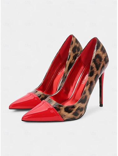  talons aiguilles imprimé léopard pour femmes – escarpins à bout pointu en cuir verni rouge pour fêtes et événements nocturnes