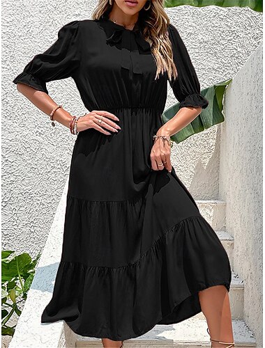  Mujer Vestido informal Vestido Midi Volante Casual Escote Chino Media Manga Negro Vino Verde Trébol Color