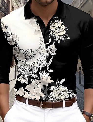  Per uomo Floreale Polo Polo da Golf Manica Lunga Magliette polo Colletto Business Casual Vacanza Abbigliamento da sera Abbigliamento Quotidiano Bottoni Stampa 3D Primavera Autunno Inverno Nero