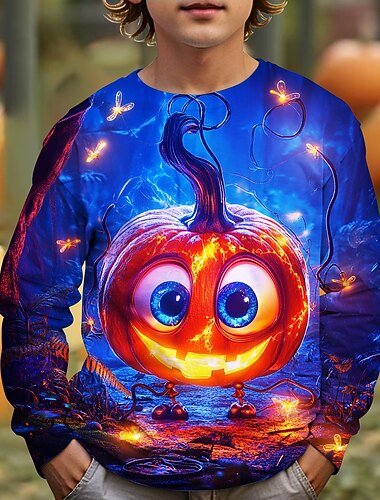  男の子 3D グラフィック カートゥン カボチャ Tシャツ Ｔシャツ 長袖 春 秋 ファッション ベーシック 子供 4〜12年 クルーネック アウトドア カジュアル 日常 レギュラー