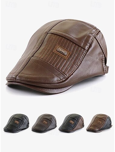  Men's Faux Leather Newsboy Cap with Classic Stitching Detail, Vintage Flat Cap for Casual and Outdoor Wear