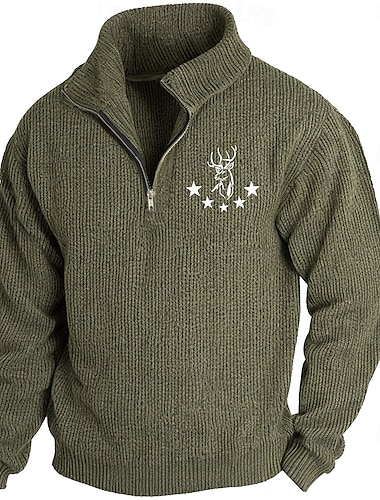  Hombre Reno Venados Suéter de punto Jersey con cremallera Suéter Polo Cuello con cremallera Retro Antiguo Casual Ropa de fiesta de noche Calle Diario Bordado Tejido en Punto Cálido Manga Larga Otoño
