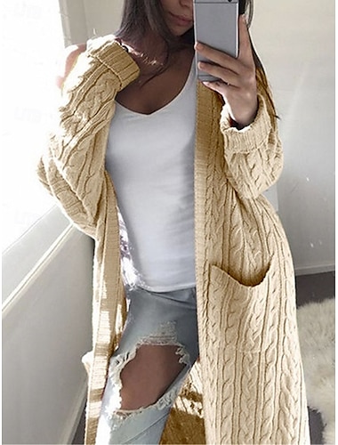  Per donna Felpa Cardigan Informale Morbido Colore puro Cavi Apertura anteriore Tasche Lavorato a maglia Manica lunga Maglie lunghe Maglia Esterno Giornaliero Fine settimana Bianco Rosa Autunno Inverno
