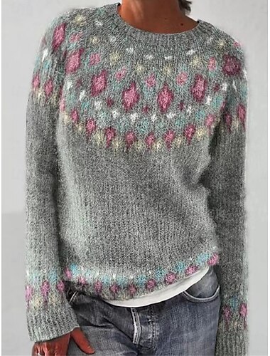  Per donna Felpa Pullover Maglione Informale Morbido Floreale Pop art A coste Girocollo Lavorato a maglia Manica lunga Top regolari Maglia Esterno Giornaliero Fine settimana Blu Grigio scuro Autunno