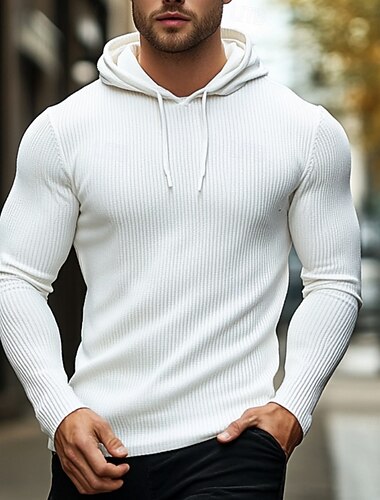  Voor heren T-shirt Spier shirt Geribbeld gebreid T-shirt Shirt met lange mouwen Lange mouw Capuchon Zomer Gestreept Modieus Streetwear Stoer Capuchon Opleiding Buiten Zwart Wit Grijs Top T-shirt voor