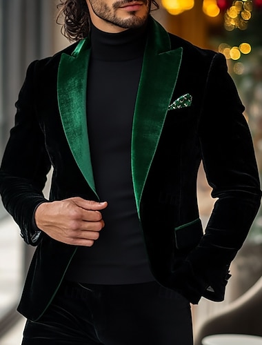  Heren Velours Blazer Jas Tuxedo Kerst Vintage Feest Patroon Blazer Zwart  Groen Standaard Fit