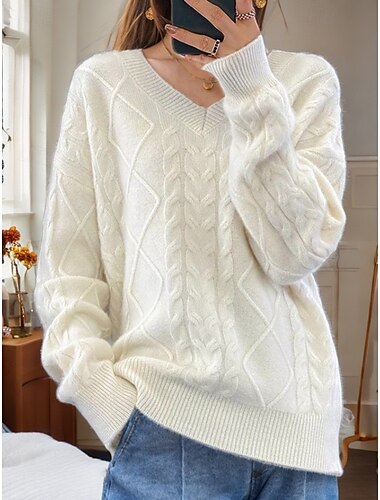  Damenpullover zum Valentinstag, rosa, V-Ausschnitt, Zopfmuster, gestrickt, überschnittene Schultern, Frühling, Herbst, Zuhause, Alltag, Urlaub, weich, lange Ärmel, Argyle, reine Farbe, weiß, rosa