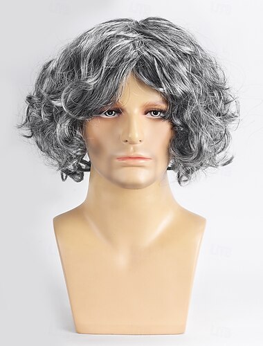  Synthetische Wig Krullend Met Pony Machine Gemaakte Wig Korte Grijze Synthetische Haar Mannen Grijze Halloween Wigs