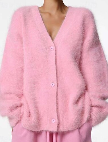  dámský oversized cardigan fuzzy výstřih do V úplet podzim zima práce víkend elegantní móda streetwear dlouhý rukáv jednobarevná růžová světle šedá