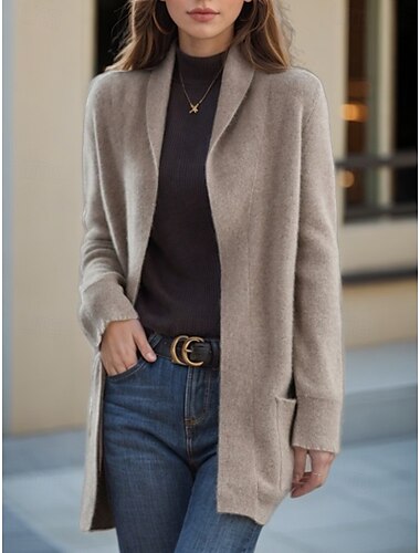  pull femme cardigan pull veste col chemise tricot poche tricoté printemps automne maison quotidien week-end quotidien décontracté doux manches longues couleur pure noir camel