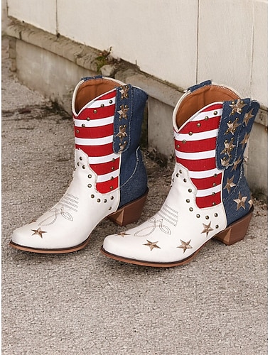  patriotiska cowboystövlar för västerländsk dam – amerikansk flaggtryck med stjärnutsmyckningar, festival i vintagestil och rodeoskor