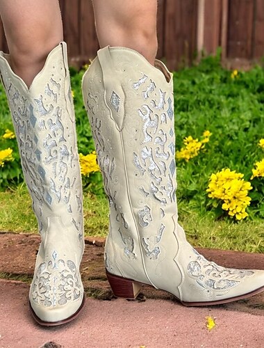  Femme Bottes Bottes Cow boy Grandes Tailles Bottes de cow-girl Extérieur du quotidien Couleur Pleine Bottes mi-mollet Broderie Talon Bottier Bout pointu Elégant Rétro Vintage Luxueux Marche Cuir PU