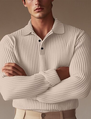  Homens Camiseta Polo pólo de golfe Formal Trabalho gola pólo com nervuras Manga Longa Quente Básico Côr Sólida Botão Primavera Outono Preto Branco Amarelo Azul Marinha Verde Cinza Claro Camiseta Polo
