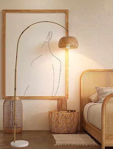  Lámpara de pie Lámpara de pie de noche Lámpara de pie estilo bambú con brazo de arco en madera Lámpara de pie estilo wabi-sabi