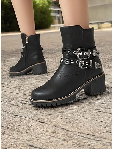  Botines azules para mujer con correas de doble hebilla y tacón grueso: diseño de inspiración western con detalles de tachuelas metálicas para un look casual y resistente