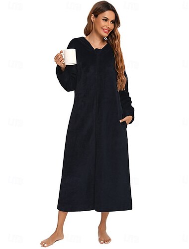  Damen-Schlafanzug, reine Farbe, modisch, schlicht, Fleece, warm, langärmelig, Bademantel, Oberteil, Herbst-Winter-Home-Outfits
