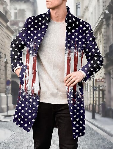 Herr Amerikanska amerikanska flaggan Vinterkappa Fleece-jacka Rock Termisk Bekväm Ledigt Utomhus Gata Dagliga kläder 3D-utskrift Knappar Framficka Vinter Nedvikt Långärmad Blå