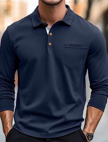  100% bomuld herre poloshirt golf polo formelt arbejde klassisk langærmet farveblok knap sommer forår  & fall army green mørkegrå sort bordeaux marineblå poloshirt