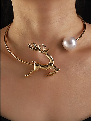  Conjunto de pulsera de reno dorado y gargantilla de perlas para mujer: joyas festivas para mujer, elegantes accesorios para fiestas navideñas