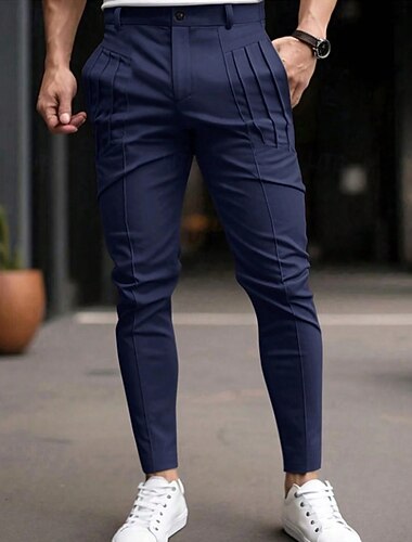  Herren Hose Hosen Chinesisch Chino Chino Hosen Freizeithose Tasche Elastische Taille Falten Glatt Komfort Weich In voller Länge Outdoor Täglich Ausgehen Modisch Strassenmode Schwarz Blau