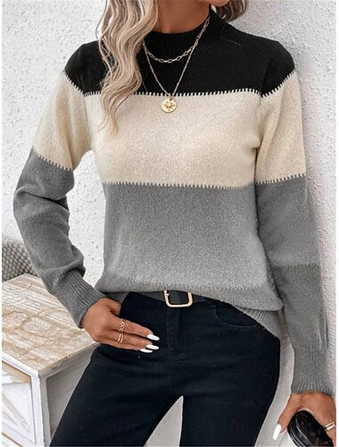  Damen Pullover Brautkleider schlicht Weich Gestreift Gerippt Rundhalsausschnitt Strick Langarm Normale Oberteile Stricken Outdoor Täglich Wochenende Kamel Aprikose Herbst Winter