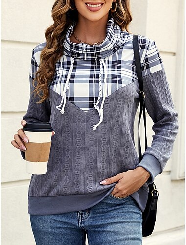  Sweatshirt für Damen, lässig, kariert, Streetstyle, Alltagskleidung, Florhals, Print, langärmelig, rosa, grün, grau, Herbst, Winter