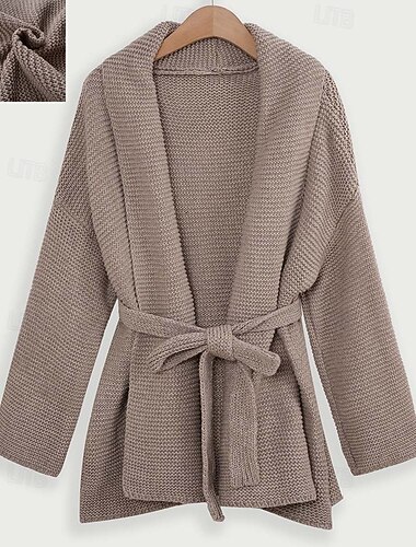  Damen Strickjacke Strassenmode Täglich Feste Farbe Öffnung vorne Strick Textur Langarm Normale Oberteile Stricken Outdoor Schwarz Khaki Herbst Winter