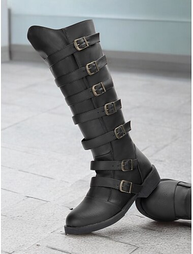  Botas vaqueras marrones con múltiples hebillas hasta la rodilla para mujer: estilo vintage con suela resistente para uso al aire libre y casual